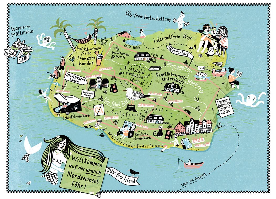 Ulrike Jensen - Projekt Illustrierte Inselkarte Föhr - sanftes Reisen - Map Illustration