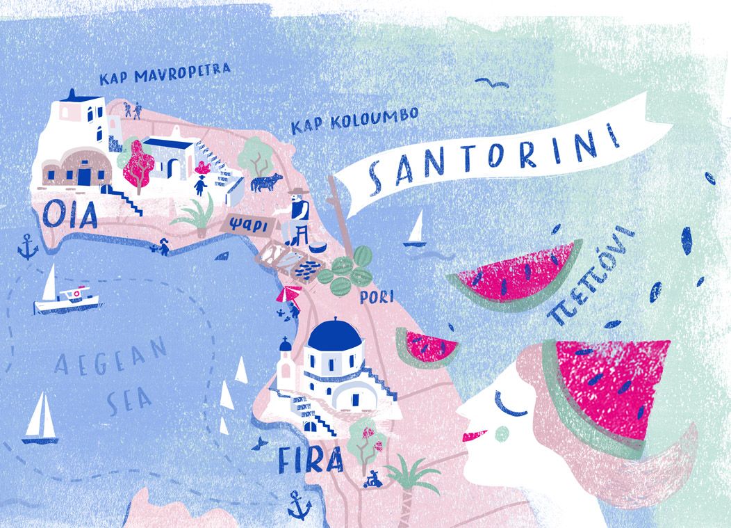 Ulrike Jensen - Projekt Illustrierte Inselkarte Reiselust - Travel Guide Illustration - Wanderlust - Santorin